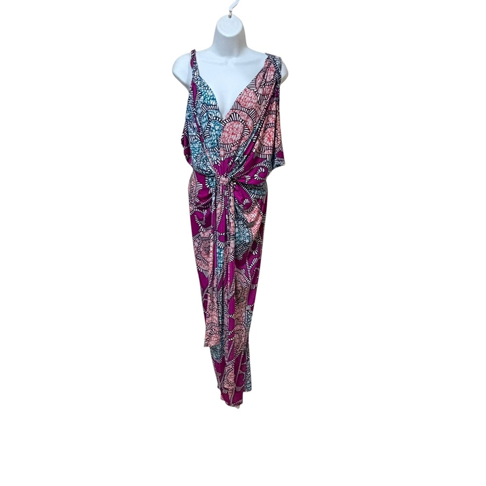 TBags Los Angeles XS Magenta Teal Tribal Print VNeck Drape Front Maxi Dress‎ NEW